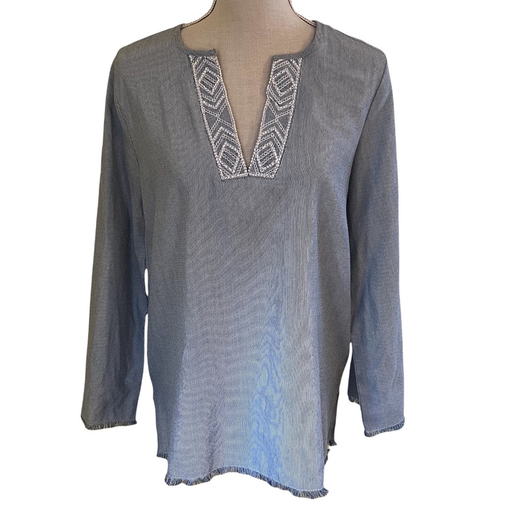 NYDJ Fray Edge Bell Sleeve Embellished Blouse in "Ticking Stripe" S